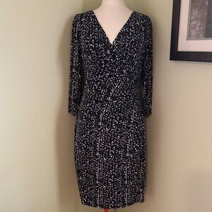 Ralph Lauren Navy and White V-Neck Printed Long Sleeve Dress